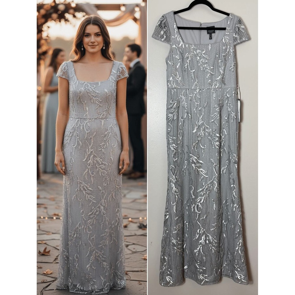 Adrianna Papell Dress Silver Sequin Embroidered Mother of the Bride Formal Gown